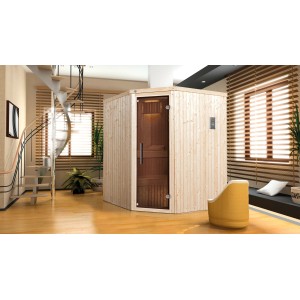 Weka Element-Ecksauna Kiruna 2 Sparset mit Glastür und Bio-Saunaofen im Raum.
