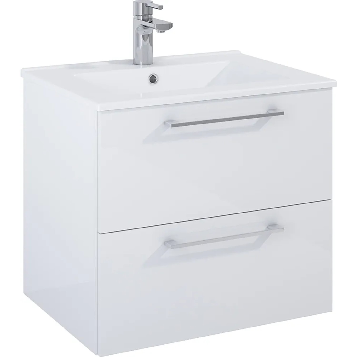 Maximus Waschbeckenunterschrank Stylo, weiß hochglanz, 60 cm breit, mit zwei Schubladen und Aufsatzwaschbecken.