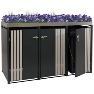 Anthrazitfarbene 3er-Mülltonnenbox mit Pflanzkasten in Holzoptik hell, 125x196x84cm.