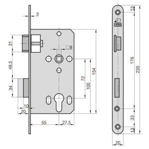Technische Zeichnung: Basi Zimmertürschloss ES 928, Maße und Details für DIN links, Edelstahl, Kunststoff, Aluminium.