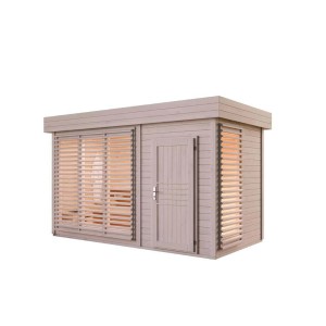 Finntherm Gartensauna Azalia, naturbelassen, mit Lamellenfenstern und Tür. Holzhaus für den Garten.