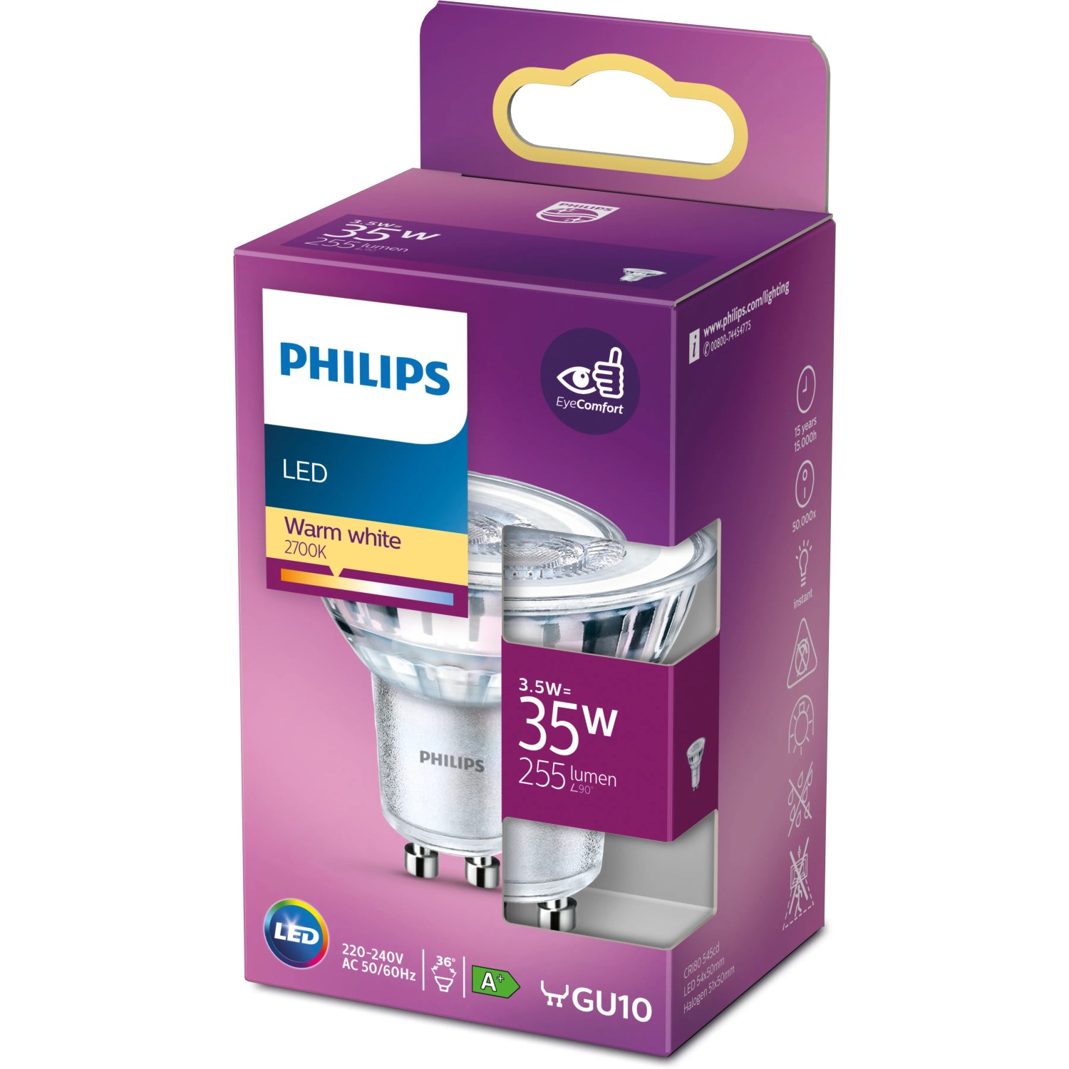 Philips LED GU10 Leuchtmittel, 3,5W, warmweiß, in Produktverpackung.