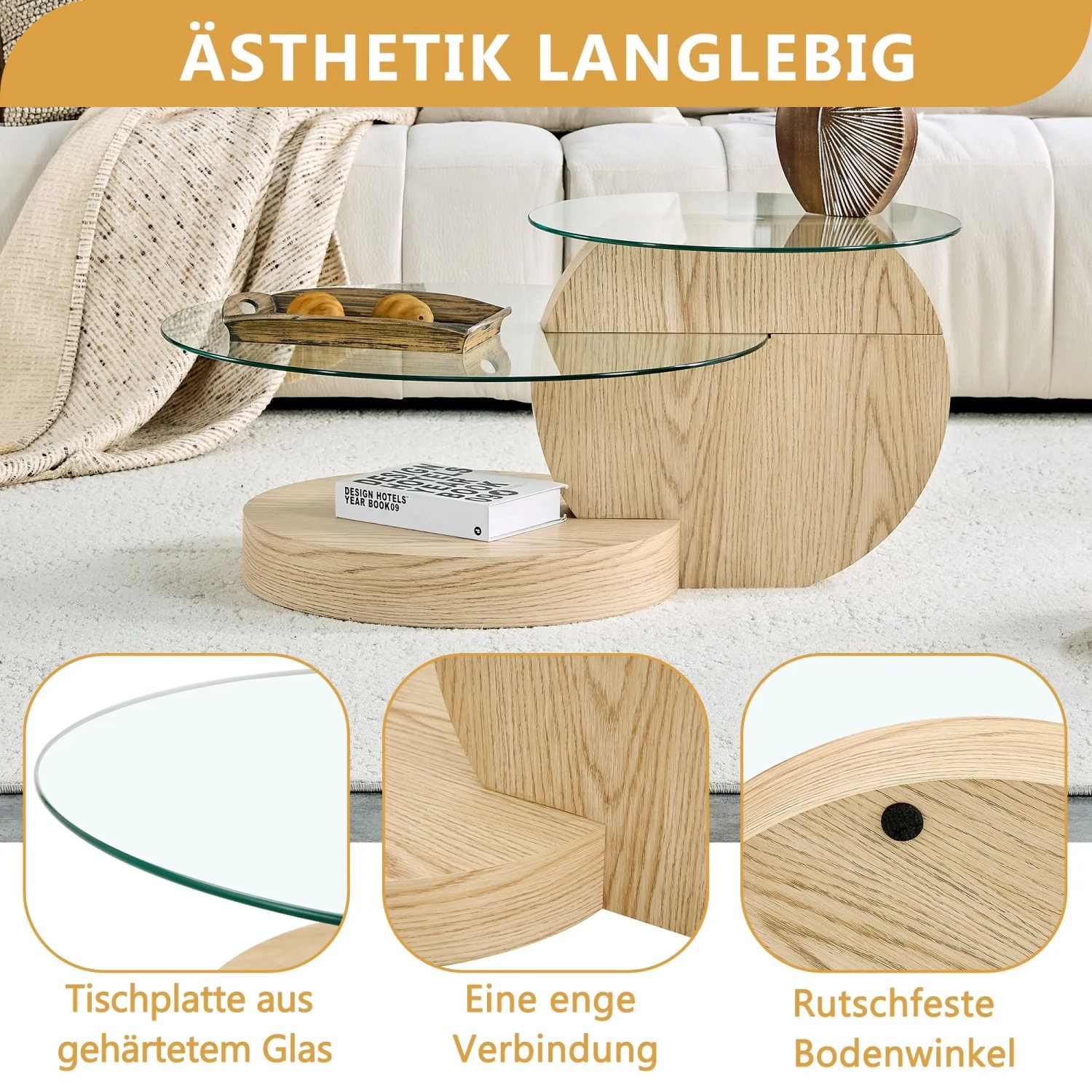 okwish Couchtisch mit Glas und Zwei Ebenen für Wohnzimmer 90x70x44 cm Natur_7