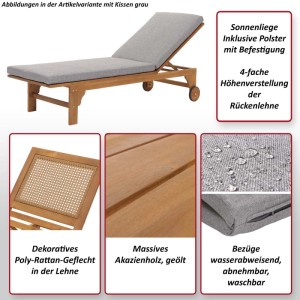 Sonnenliege aus Akazienholz mit creme-beigem Kissen und verstellbarer Rückenlehne.
