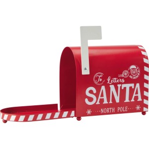 Roter Weihnachtsdeko Briefkasten aus Eisen mit weißer "SANTA NORTH POLE" Aufschrift und geöffneter Klappe. Ideal für Tisch & Regal.