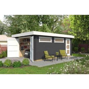 Graphitgraue Einzelgarage aus Holz mit Holztor und Fenstern, 360x540 cm.