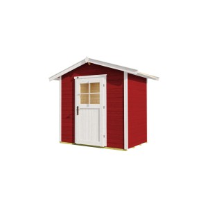 Rotes Weka Holz-Gartenhaus 223 mit Satteldach und weißer Tür. Lasiertes Gartenhaus für den Garten.