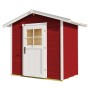 Rotes Weka Holz-Gartenhaus 223 mit Satteldach und weißer Tür. Lasiertes Gartenhaus für den Garten.