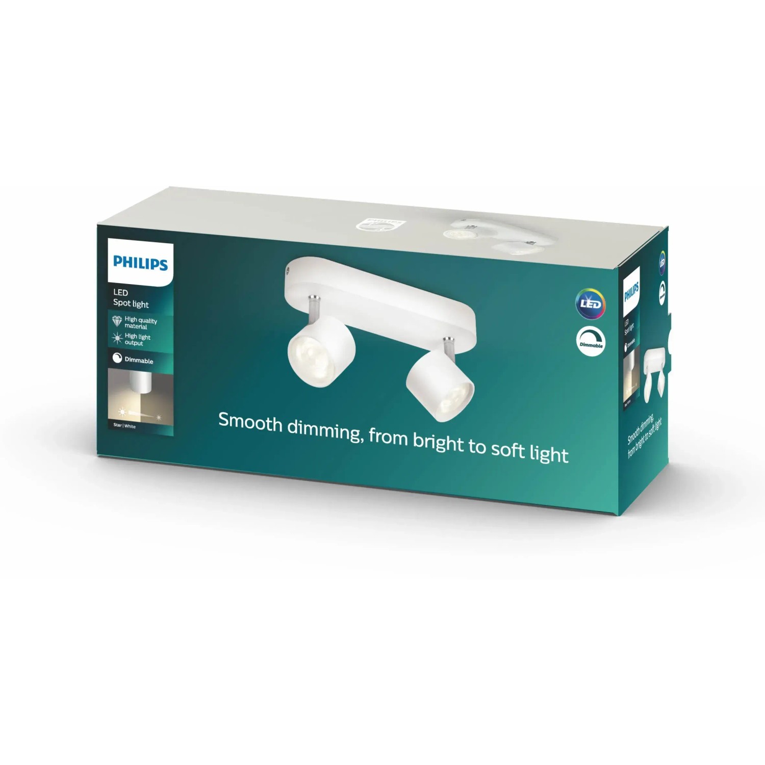 Verpackung der weißen Philips LED-Spotleuchte mit 2 schwenkbaren Spots, 8W.