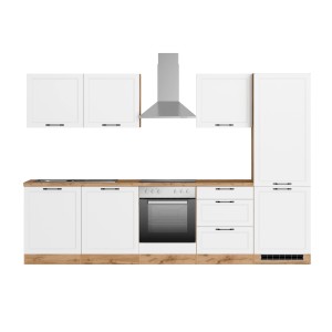 Küchenzeile Kempten 300 cm in Wotan Eiche/Weiß mit E-Geräten und Edelstahl Dunstabzugshaube.