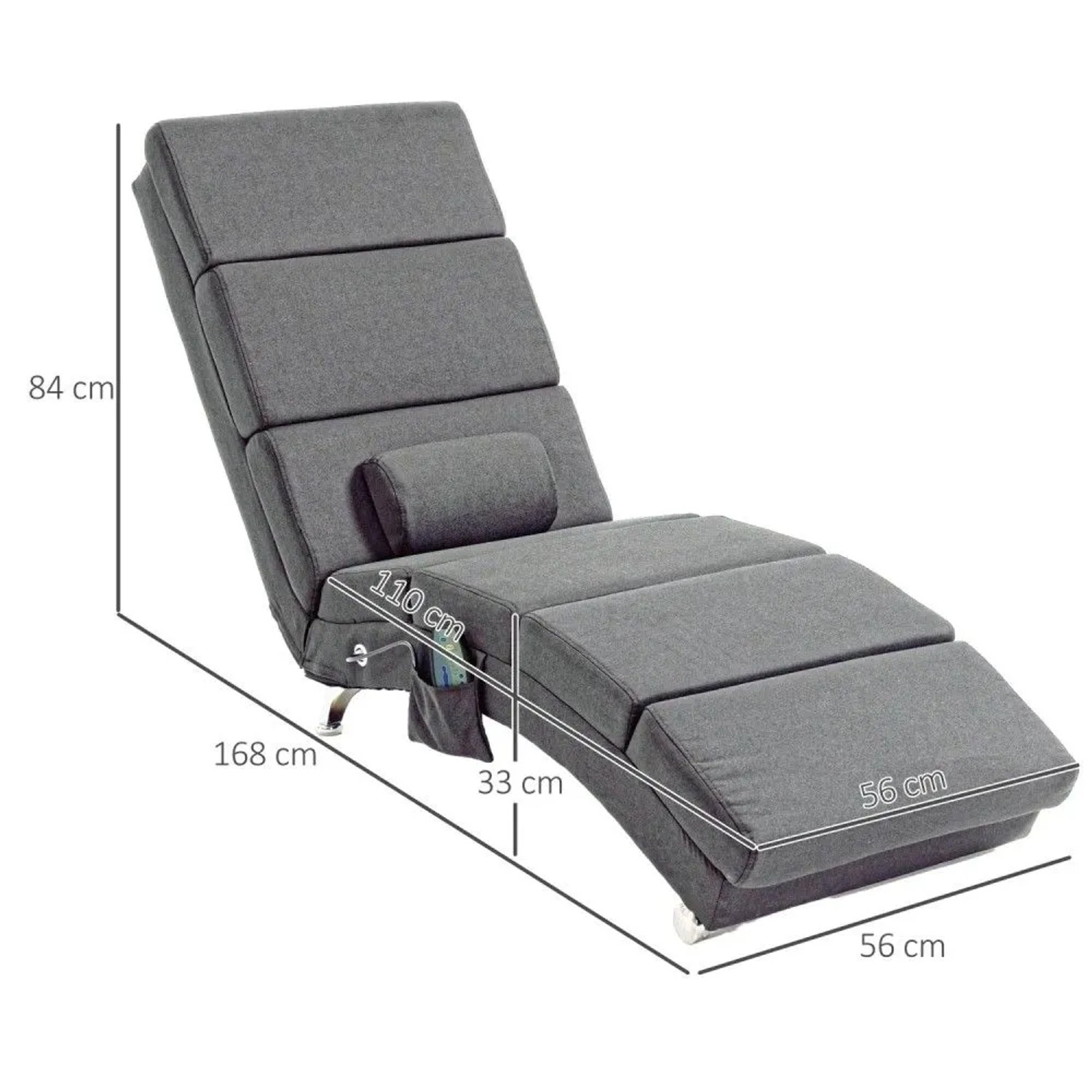 Dunkelgraue HOMCOM Relaxliege mit Massagefunktion, Kissen. Maße 168x56x84 cm. Komfortabler Massagesessel.