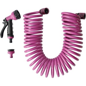 Spiralschlauch-Set 10m in Pink mit Multifunktionsbrause und Hahnstück für die Gartenbewässerung.