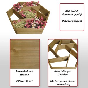 Eckiger MCW Pflanzkasten aus Tannenholz mit 7 Fächern, bepflanzt mit rosa und weißen Blumen.