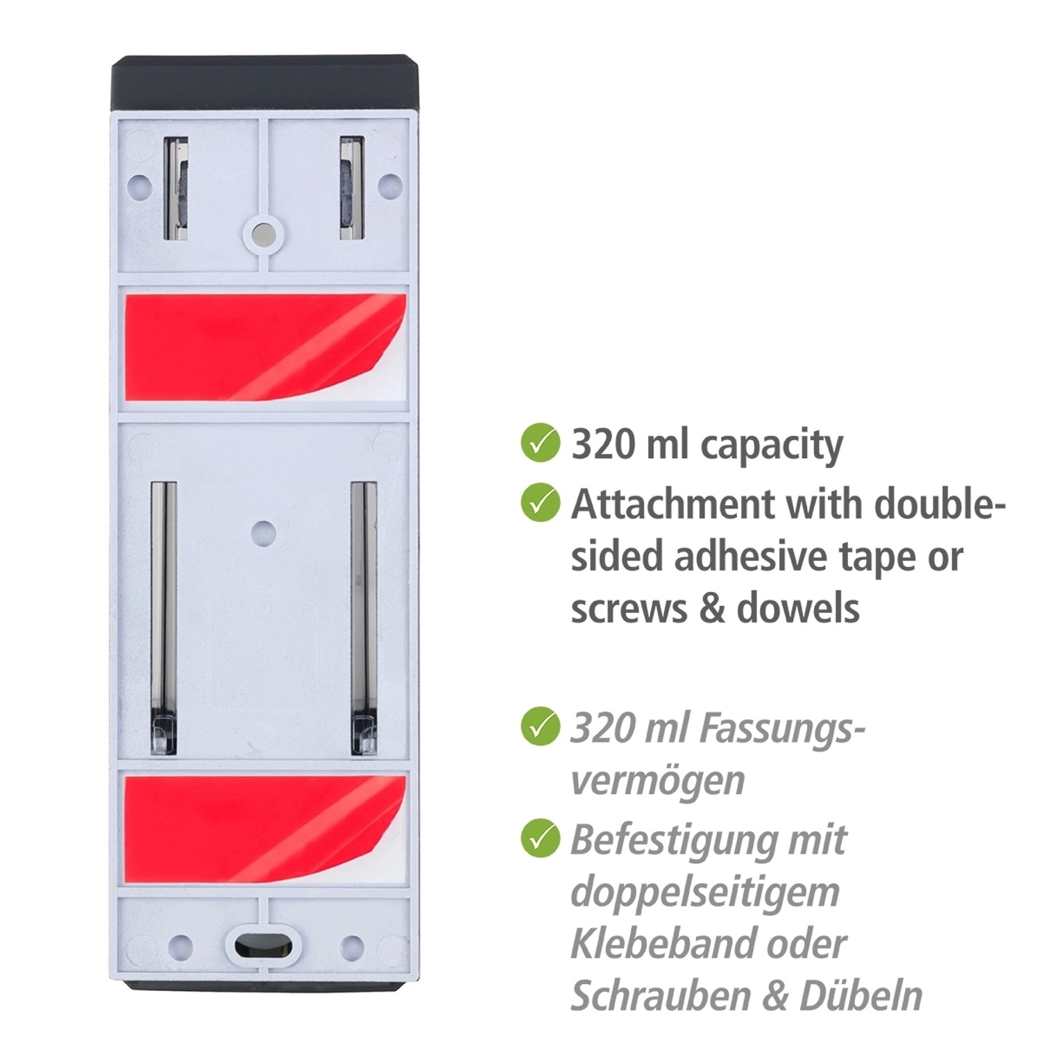 Wenko Desinfektionsmittelspender Istres, 320 ml, Schwarz, zur Wandmontage mit Klebeband oder Schrauben.