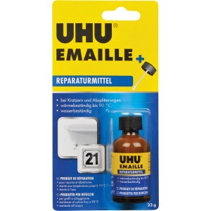 Uhu Emaille Reparaturmittel, weiße Flüssigkeit in Pinselflasche zur Ausbesserung von Schäden.