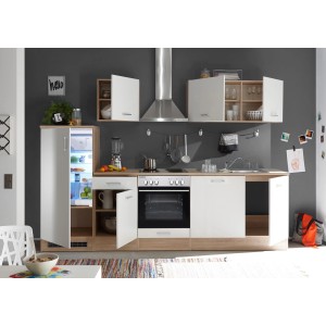 Respekta Küchenzeile KB270ENWP, 270 cm, Weiß/Eiche-Optik, glänzend, mit E-Geräten.