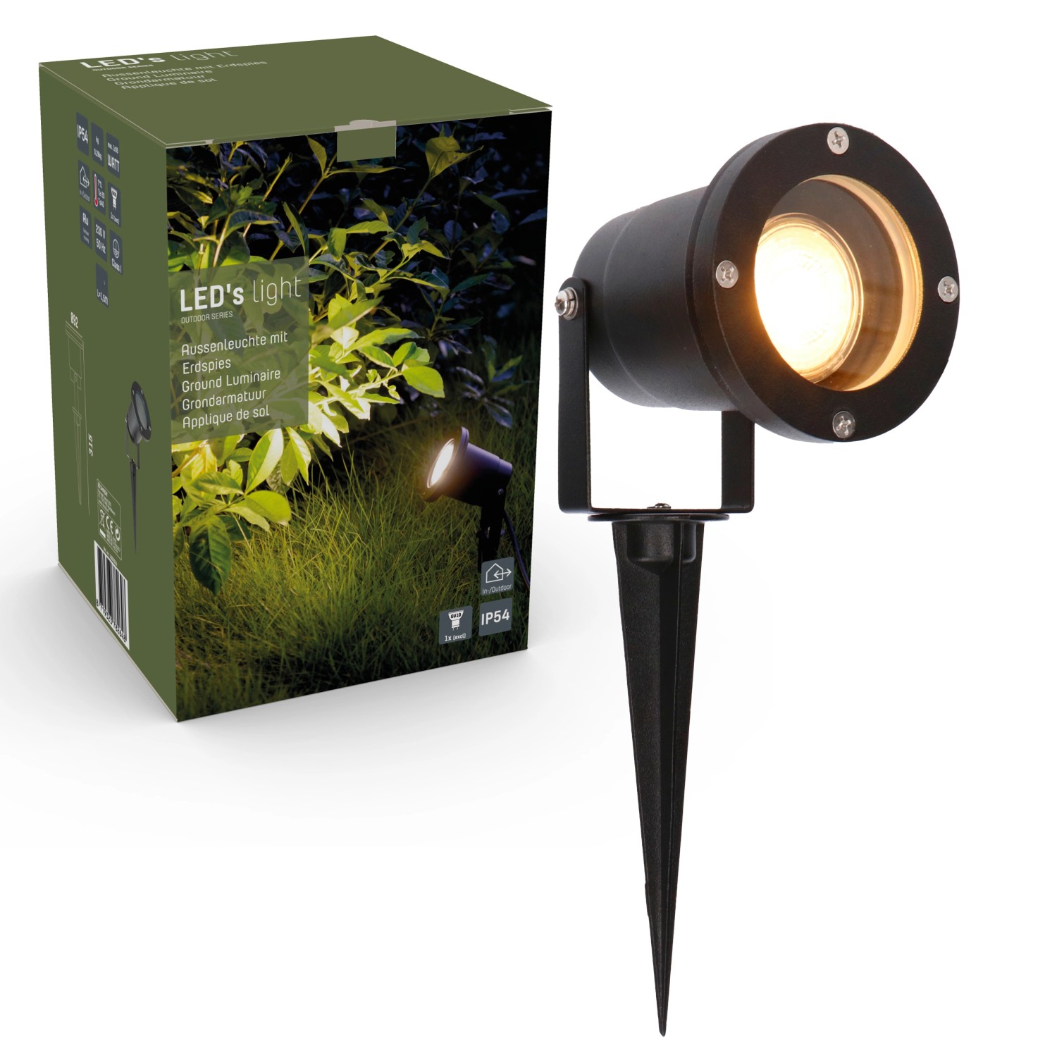 Schwarze LED's Work Außenleuchte mit Erdspieß und GU10 Fassung. Gartenstrahler für den Außenbereich.