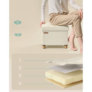 Cremefarbener Songmics Sitzhocker Melisa mit Stauraum, Steppdesign und Holzfüßen. Frau sitzt darauf.
