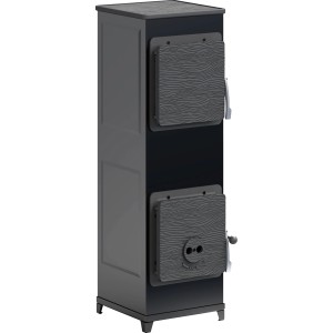 Schwarzer Gusseisen Kaminofen, 6 kW, mit zwei grauen, strukturierten Türen. Klassischer Holzofen für Wärme.
