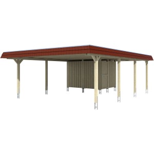 Skan Holz Doppelcarport Wendland Natur mit roter Blende und Anbau. Carport aus Holz mit Geräteraum.