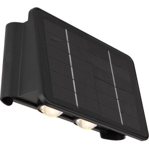 Schwarze Globo LED Solar-Wandleuchte, 17 cm, mit zwei Leuchten und Solarpanel.