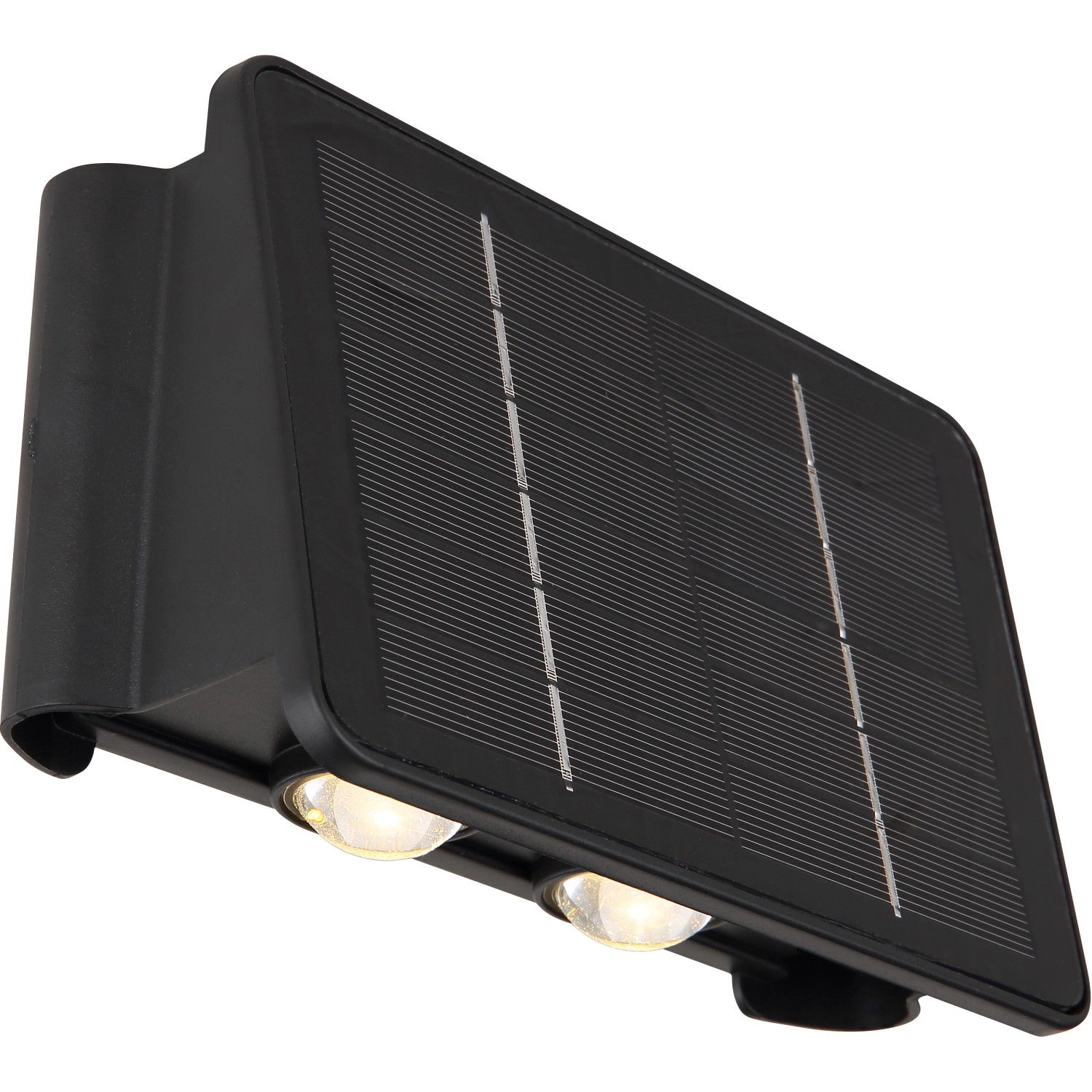 Schwarze Globo LED Solar-Wandleuchte, 17 cm, mit zwei Leuchten und Solarpanel.