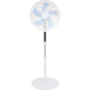 Weißer Standventilator SV 55-41 Cool Air mit blau-weißen Rotorblättern, Ø 43 cm, Höhe 130 cm.