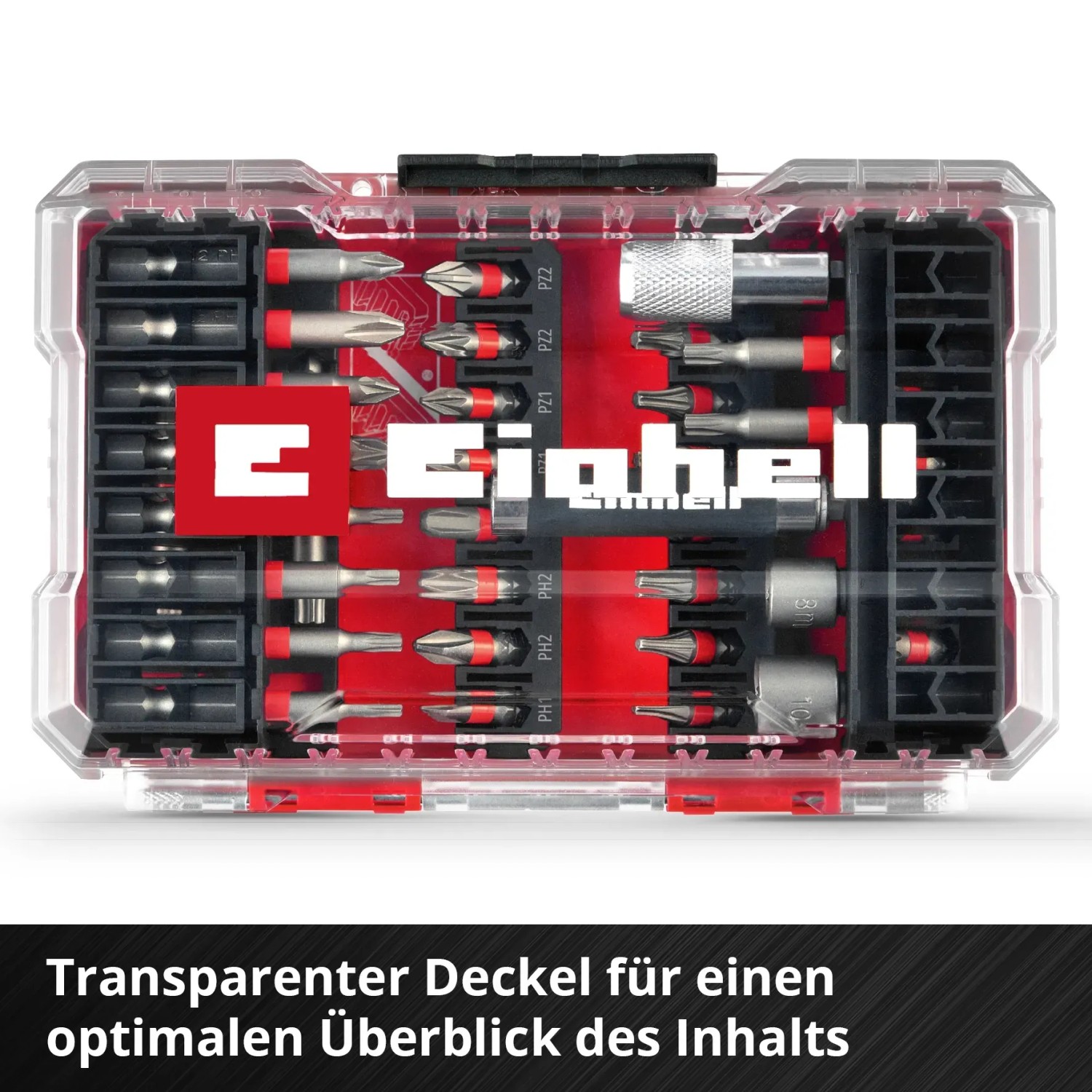 Einhell Bit-Set, 42-teilig im transparenten M-Case mit Bits, Magnethalter und Steckschlüsseln.