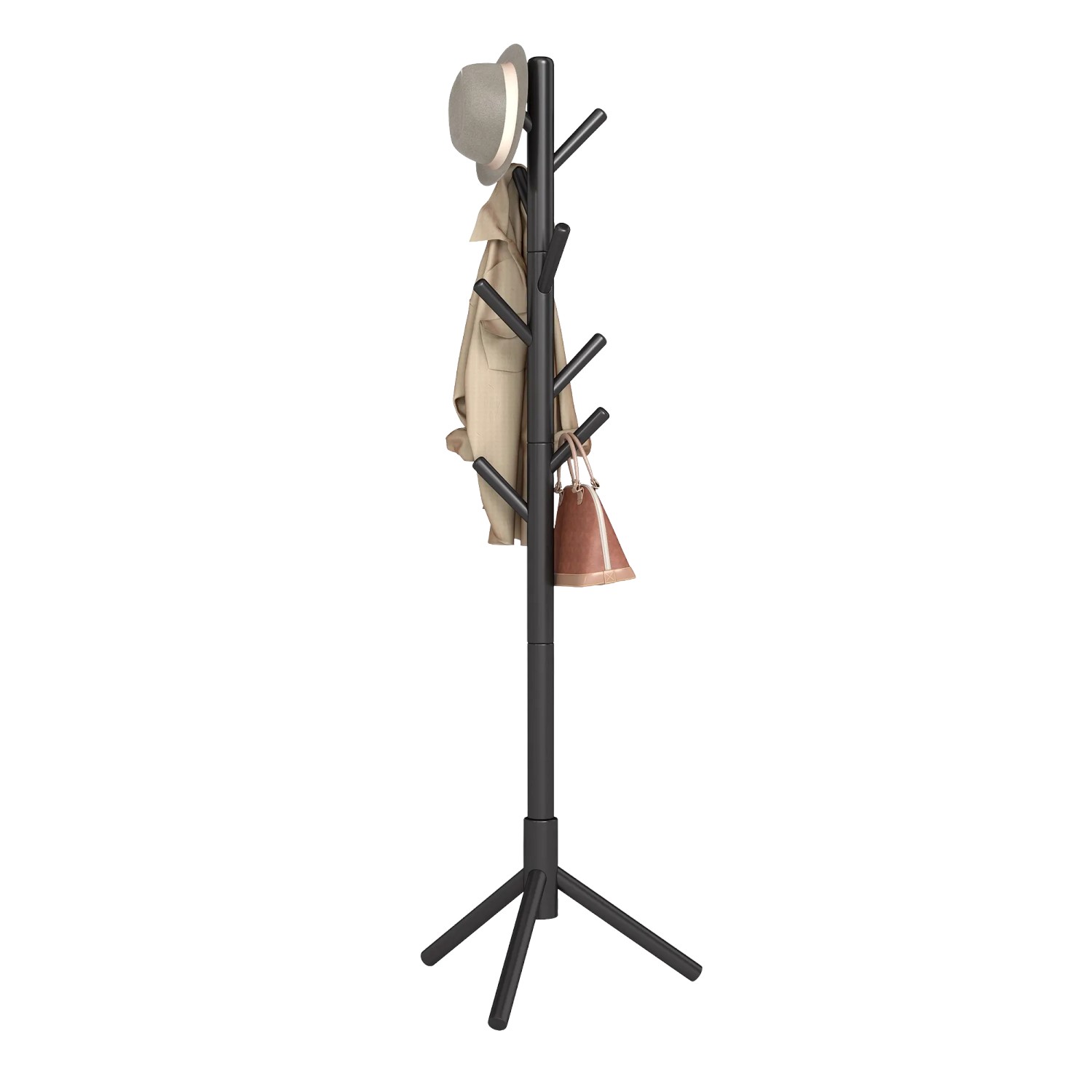 Schwarzer Songmics Garderobenständer Andi aus Massivholz mit 8 Haken für Jacken, Hüte und Taschen.