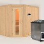 Karibu Sauna mit Bio-Ofen und externer Steuerung aus naturbelassenem Fichtenholz.