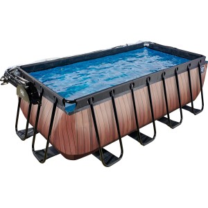 Rechteckiger EXIT Wood Pool in Braun mit Abdeckung, Sandfilterpumpe und Leiter.