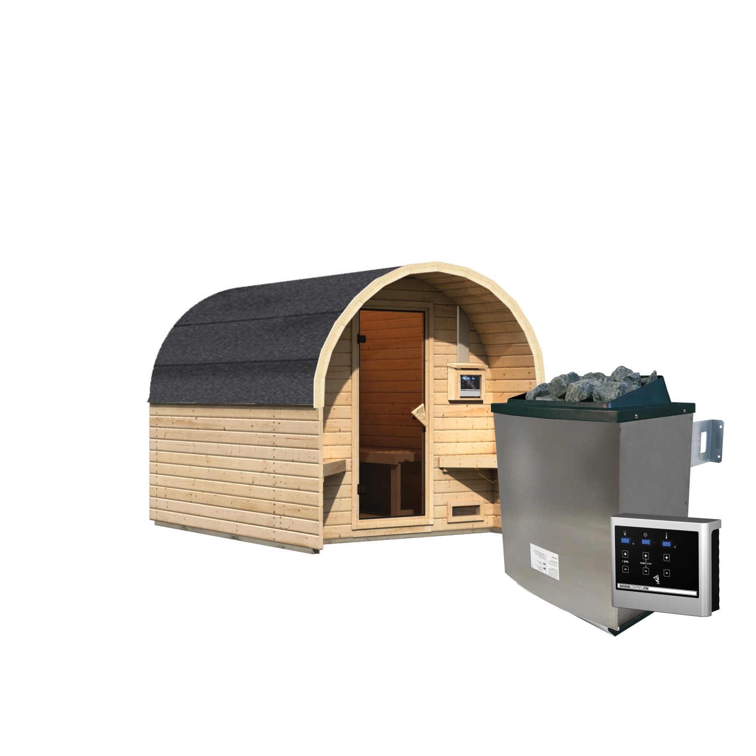 Karibu Fasshaus 2 Saunahaus mit 9kW Ofen und externer Steuerung.