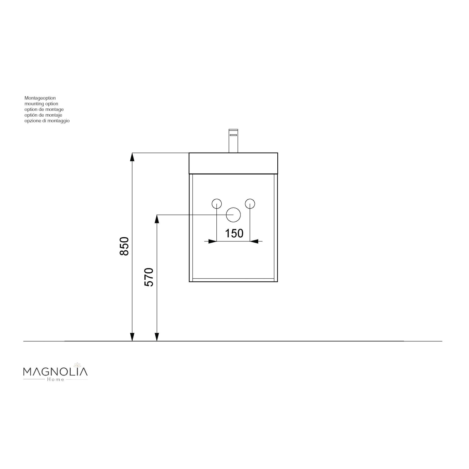 Skizze Badmöbel-Set Cubi Slimline, 40 cm, weiß hochglanz, Maße und Montageoptionen.