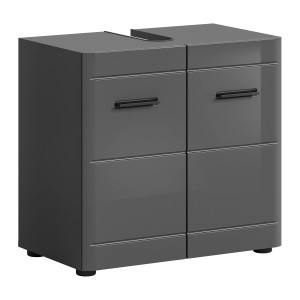 Grauer Waschbeckenunterschrank (60 cm) mit zwei Türen und Hochglanz-Finish für Badezimmer.