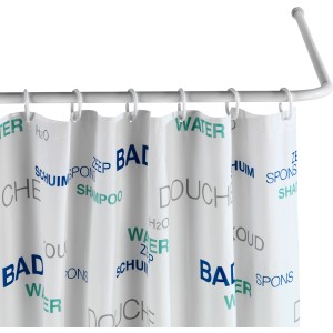 Weiße Wenko Winkel Duschstange Universal, 20 mm, mit Duschvorhang.