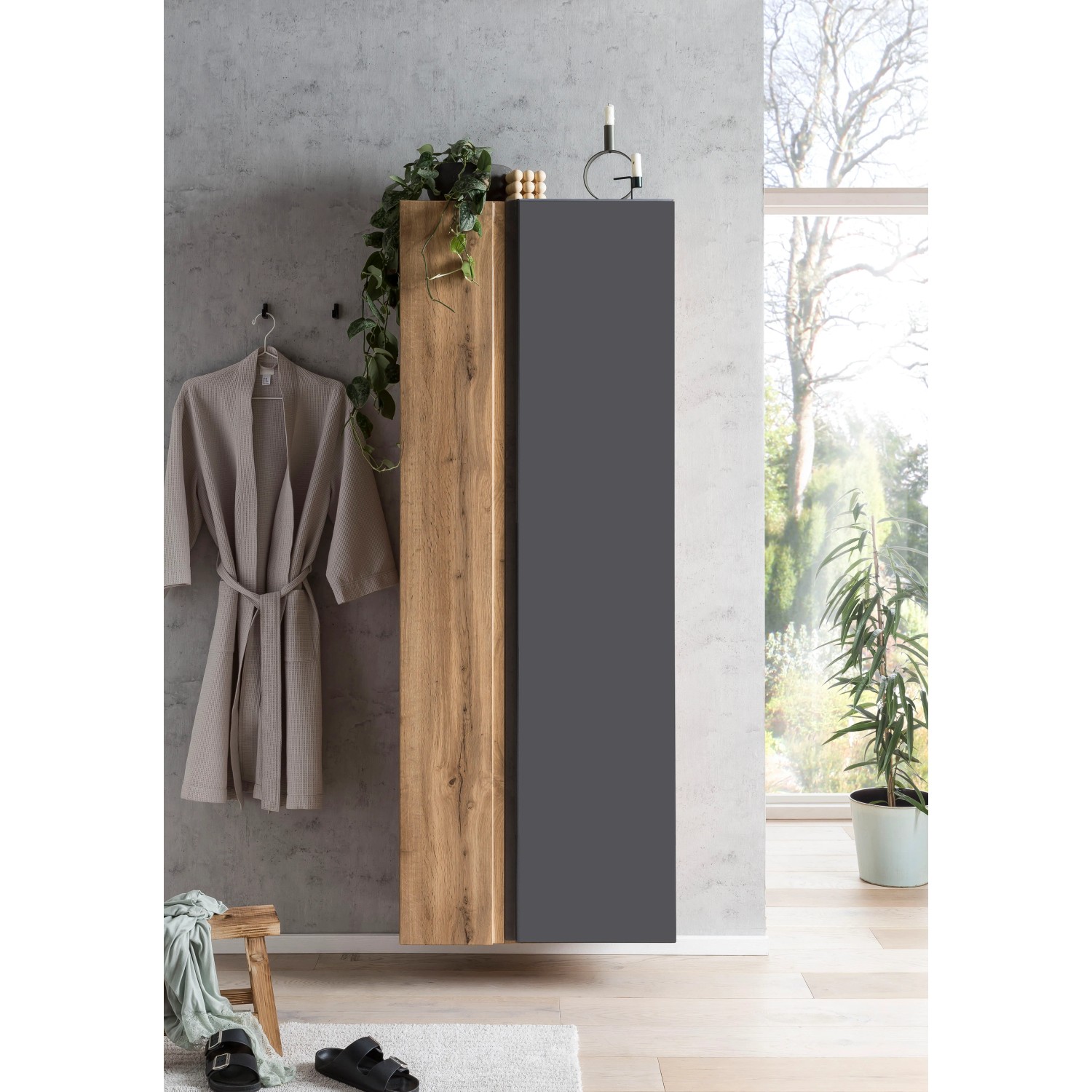 Held Möbel Seitenschrank Ancona, 65 cm, matt Grau-Wotaneiche, Teil eines Badmöbel-Sets.