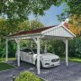 Weißer Skan Holz Carport Fichtelberg mit roten Schindeln und Auto im Garten.