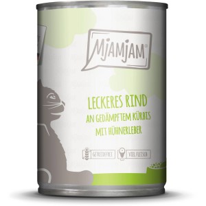 Mjamjam Katzen-Nassfutter mit Rind, Kürbis und Hühnerleber in einer 400g Dose.