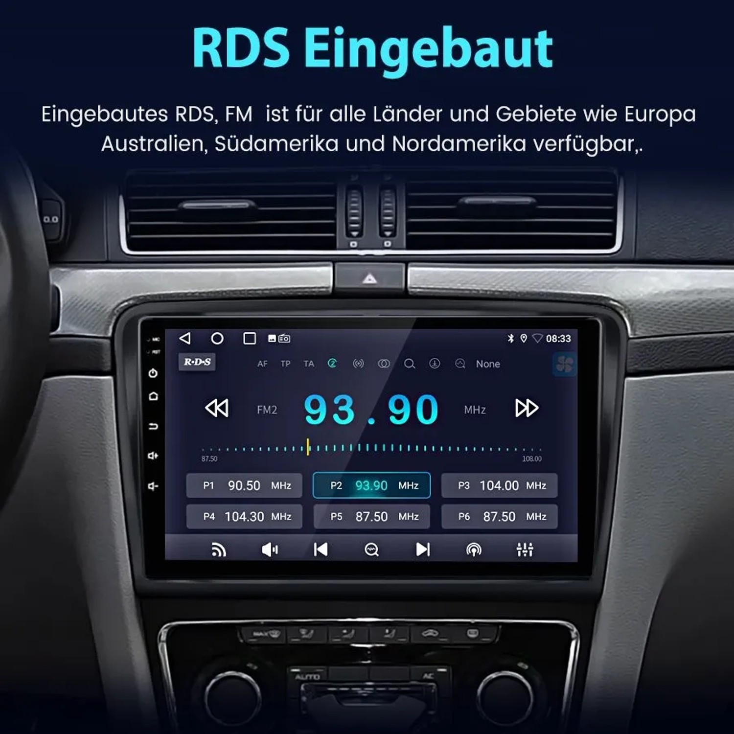 Junsun 10 Zoll Autoradio für Skoda Superb 2, zeigt FM Radio mit RDS und 93.90 MHz Frequenz. Autoelektrik.