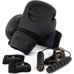 Schwarzes Sportisfaction Boxhandschuh-Set (14oz) mit Bandagen und Springseil aus PU-Leder.