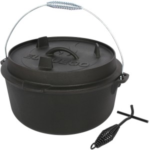 Schwarzer El Fuego Dutch Oven aus Gusseisen (7,2 l) mit Deckel (1,8 l) und Deckelheber.