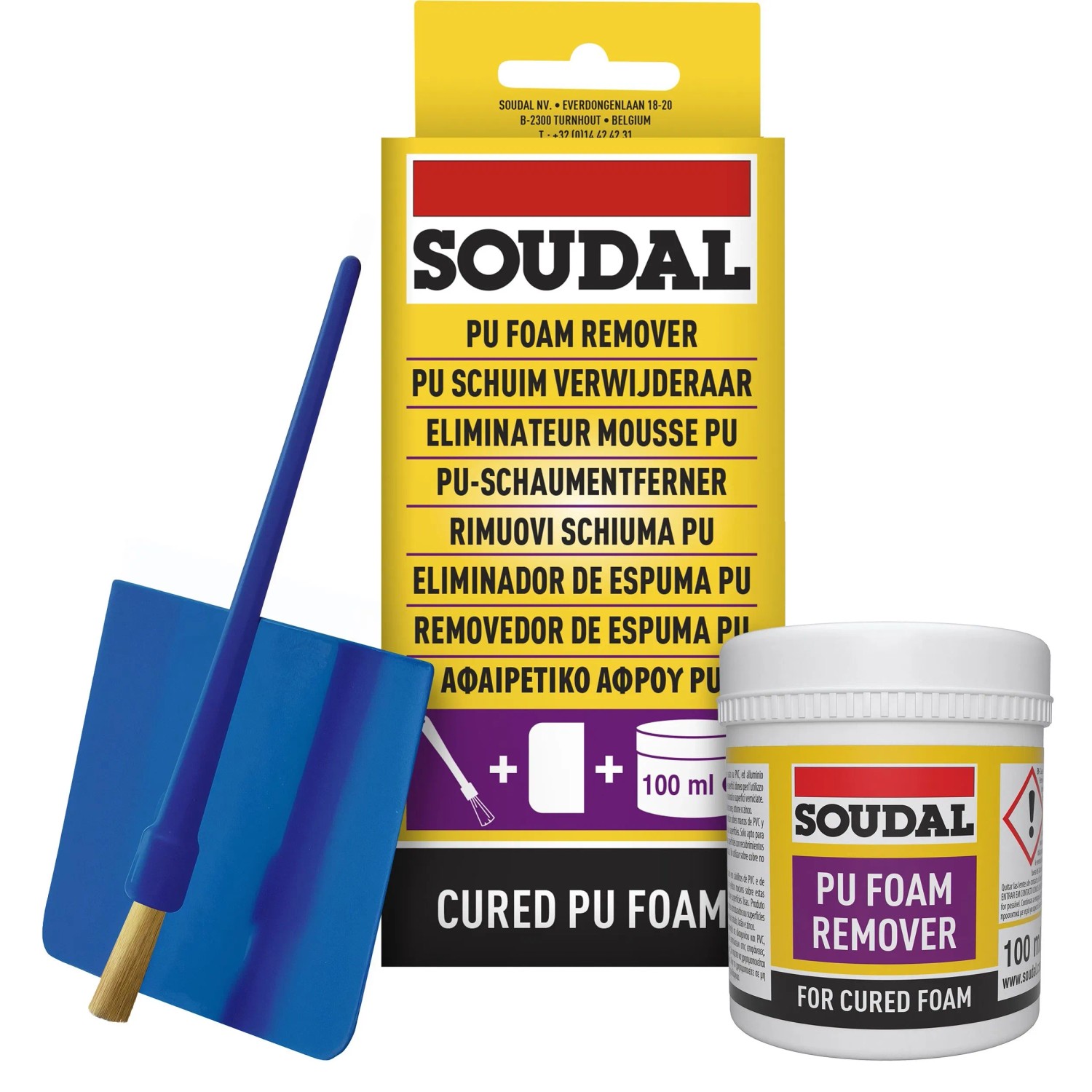 Soudal Hartschaumentferner 100 ml mit Spachtel. Entfernt ausgehärteten PU-Schaum von Oberflächen.