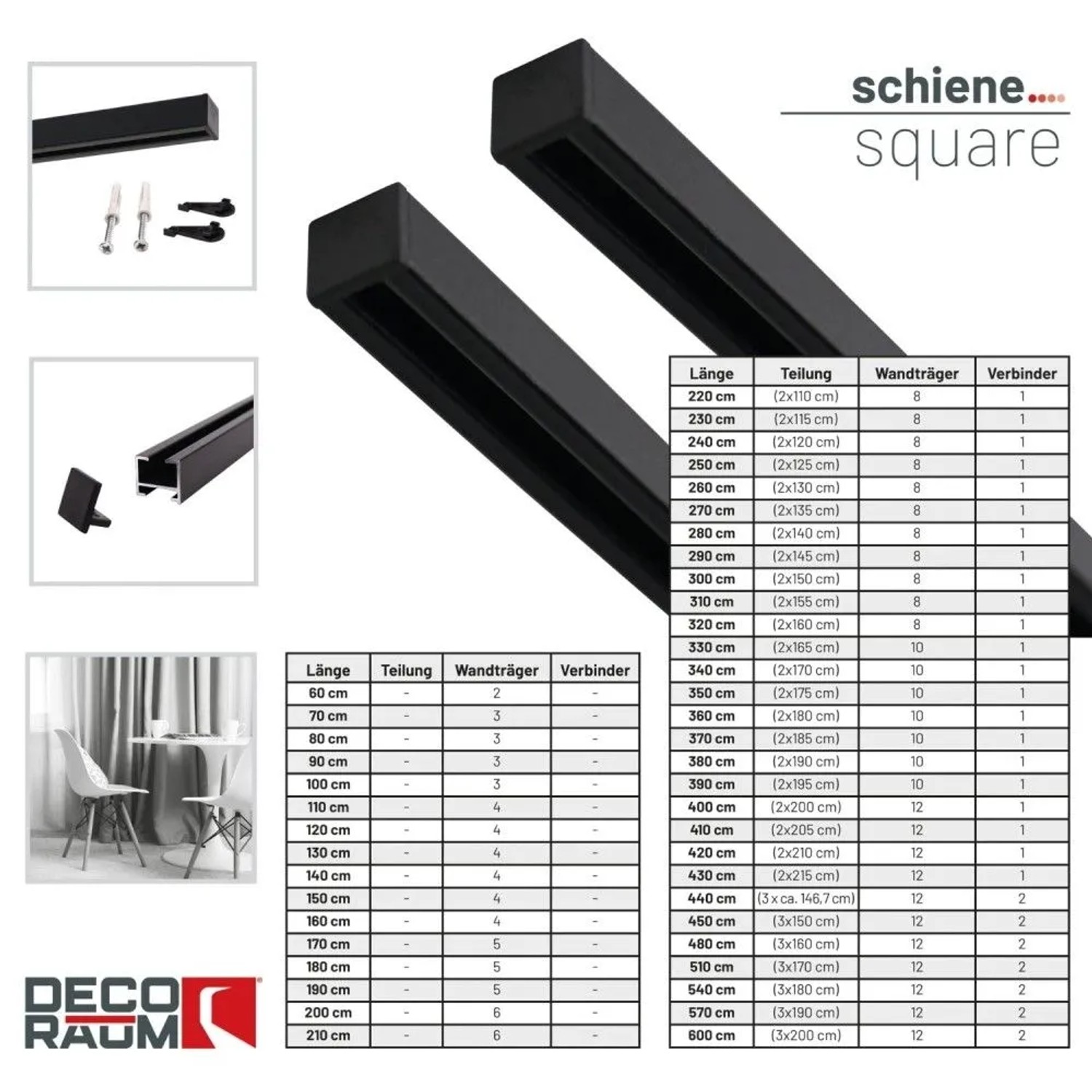 Schwarze 1-läufige Gardinenschiene Square nach Maß, 310cm, mit Montagezubehör. Detailansichten und Anwendungsbeispiel.
