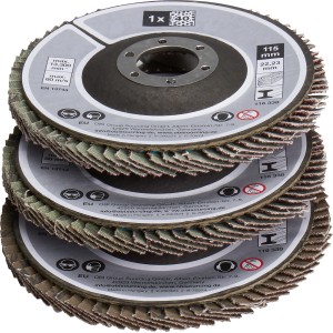 3-teiliges Fächerschleifscheiben-Set 115 mm für Winkelschleifer, verschiedene Körnungen.