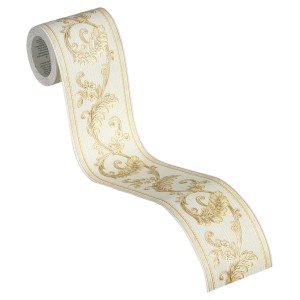 A.S. Création selbstklebende Borte Barock, 5 m, Gold-Weiß mit floralem Muster.