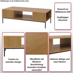 MCW Couchtisch O39 in Holzoptik Schwarz mit Ablage und Fächern.