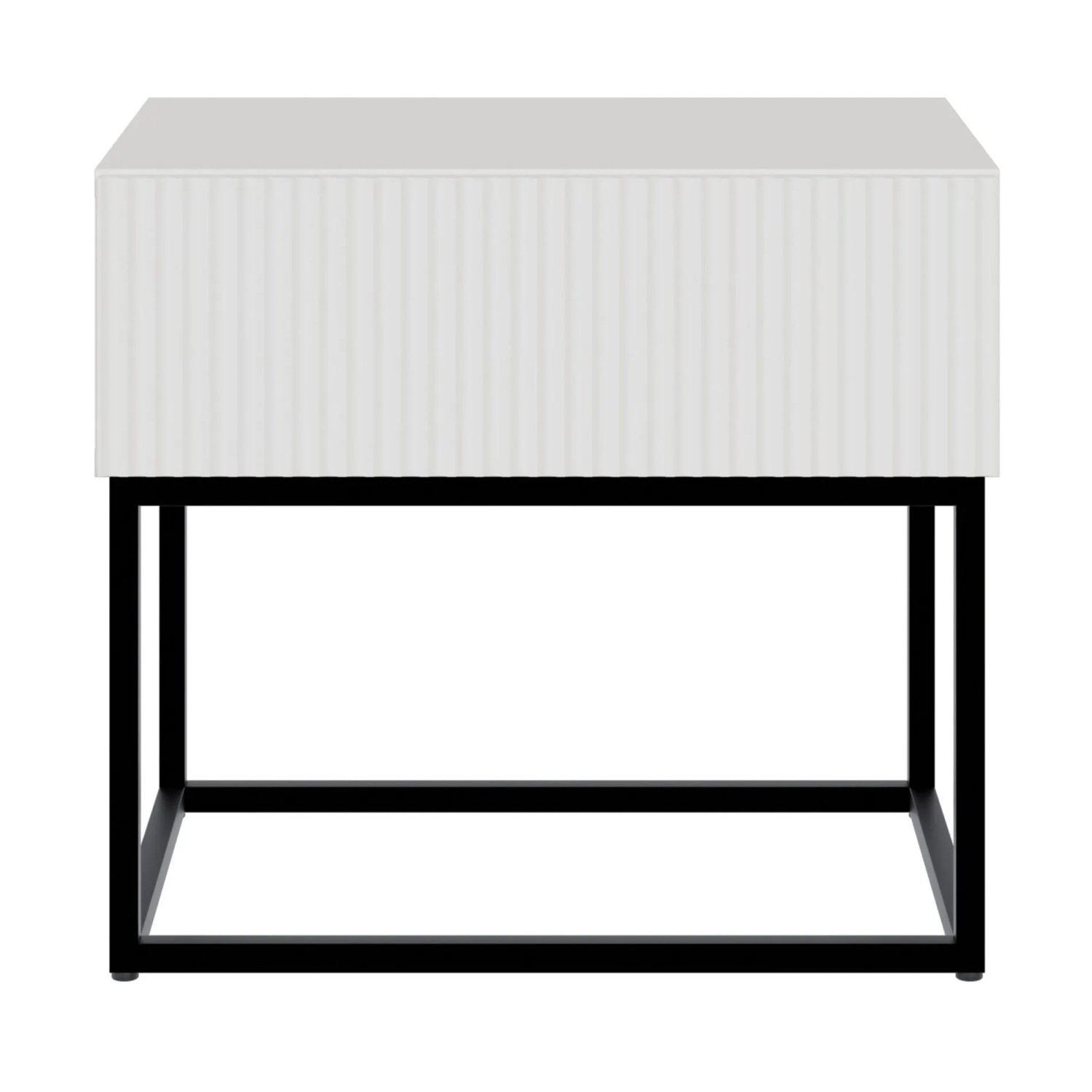 Weißer Selsey Nachttisch Veldio mit Rillenfront und schwarzem Metallgestell. Moderner Nachtschrank mit Schublade, 50 cm.