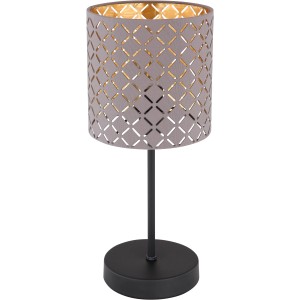 Globo Tischleuchte Cindy, schwarz matter Metallsockel, grauer Textilschirm mit Dekorstanzungen.