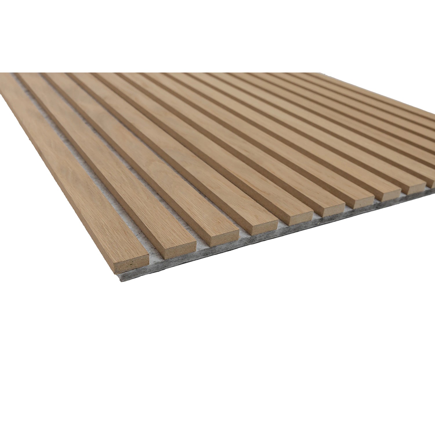 Akustikpaneel Eiche Natur, MDF Wandverkleidung mit grauem Akustikfilz, 119,8 cm lang.