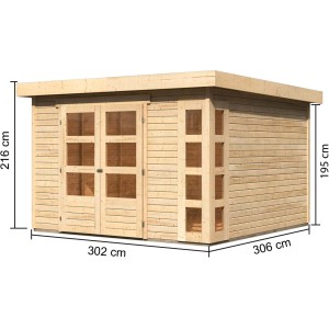 Karibu Holz-Gartenhaus Sölve, unbehandelt, mit Maßangaben. Flachdach Gartenhaus.